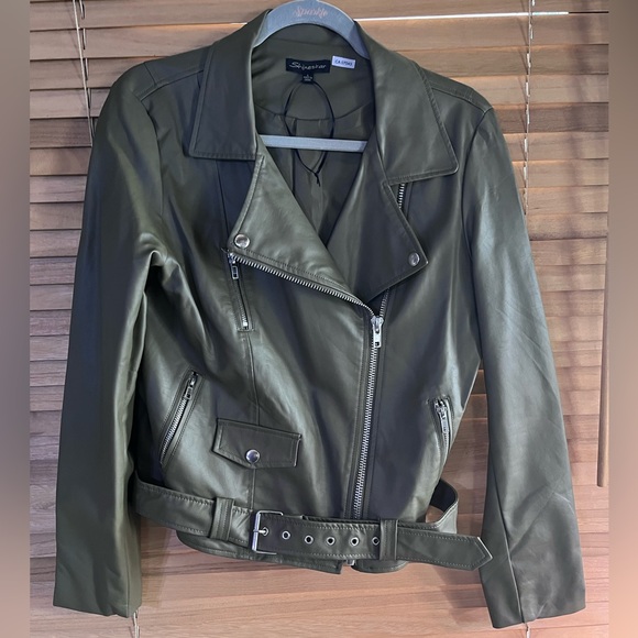 ShineStar - Faux Leather Moto Jacket (Army Green, L) - Picture 5 of 10